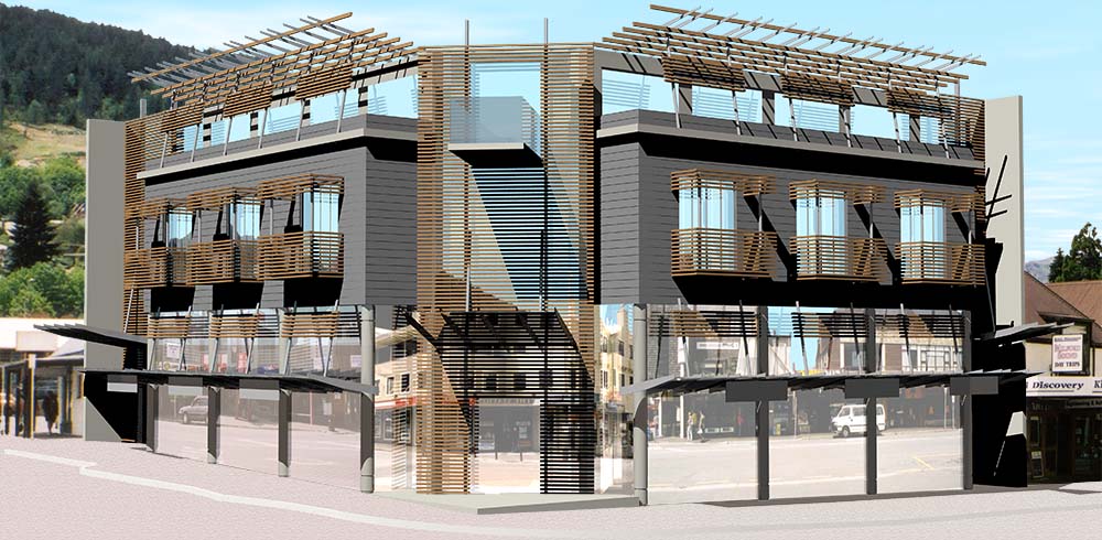 Architectural model and rendering of a proposal to develop the former BP site in Queenstown,
        New Zealand, developed using Rhino