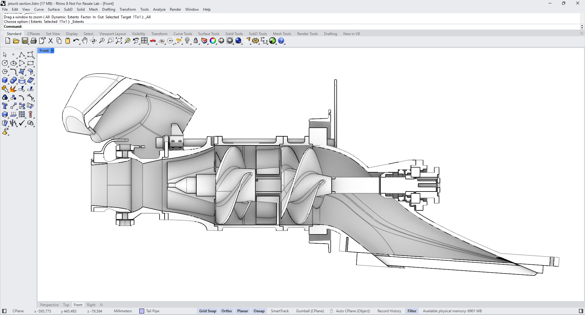 Detailed section through a reverse-engineered waterjet unit re-designed using Rhino