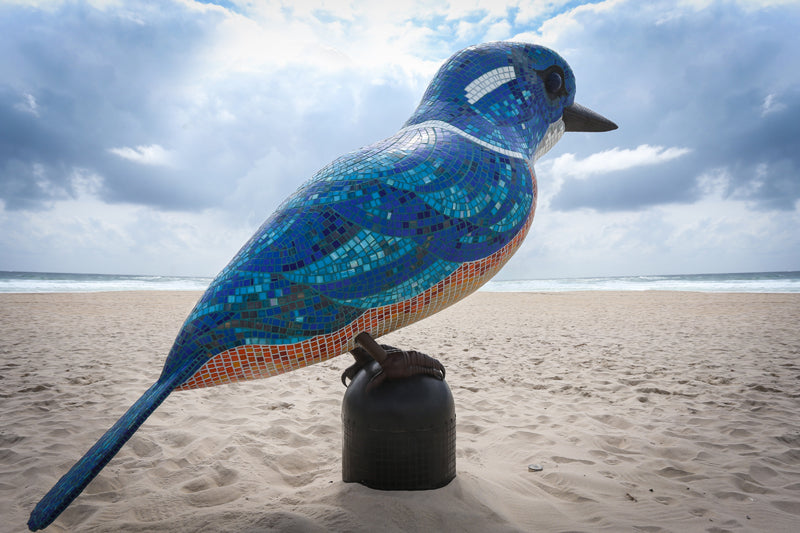 Kingfisher sculpture by Tim Elliot and Kate Millington at SWELL Sculpture Festival in Queensland, Australia